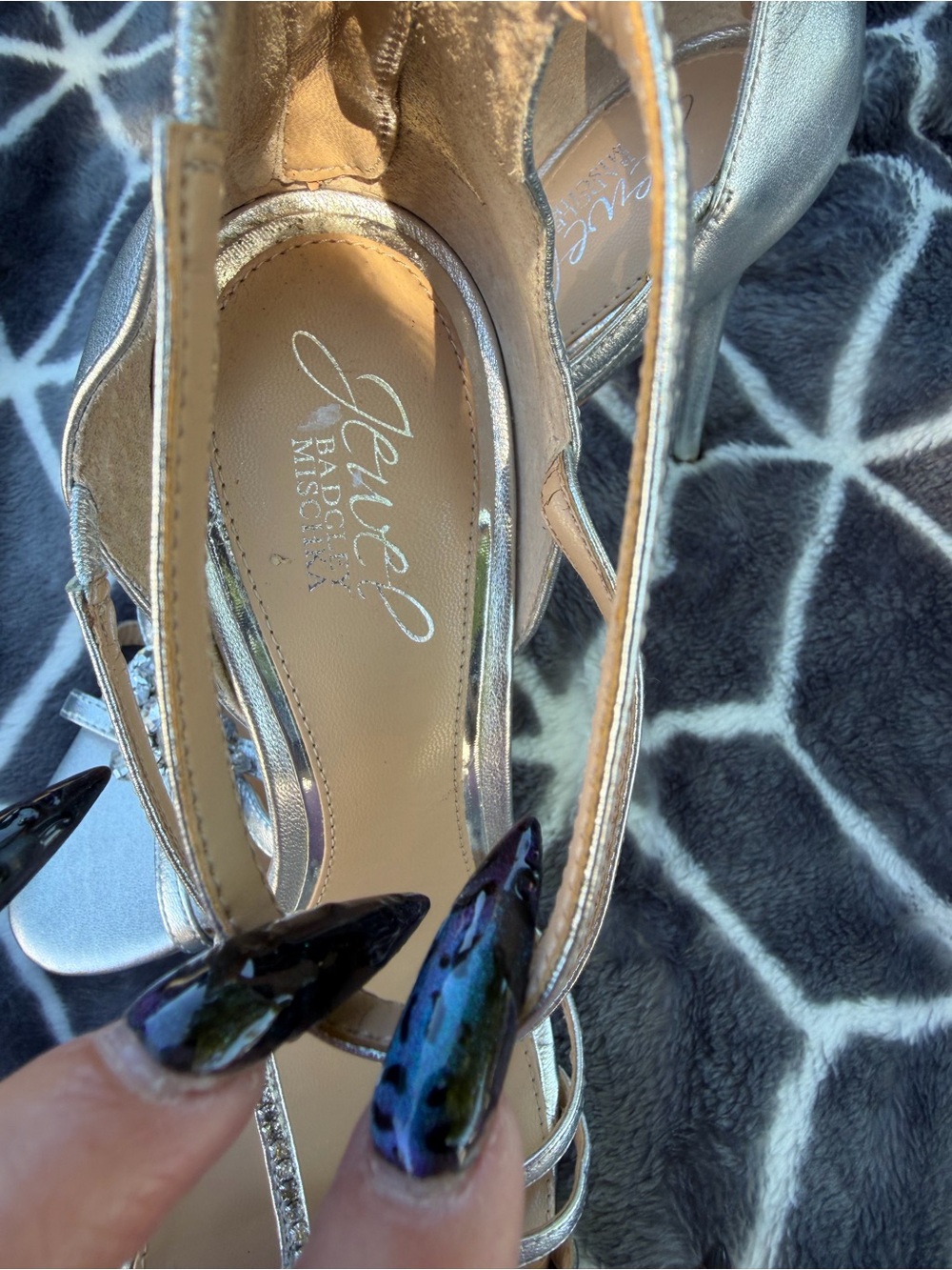 Jewel Badgley Mischka Metallic Silver Strappy Heels